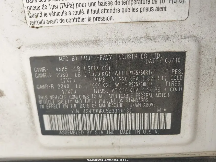 2011 SUBARU OUTBACK 2.5I LIMITED