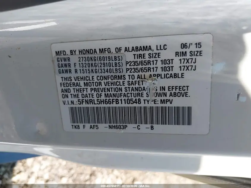 2015 HONDA ODYSSEY EX-L