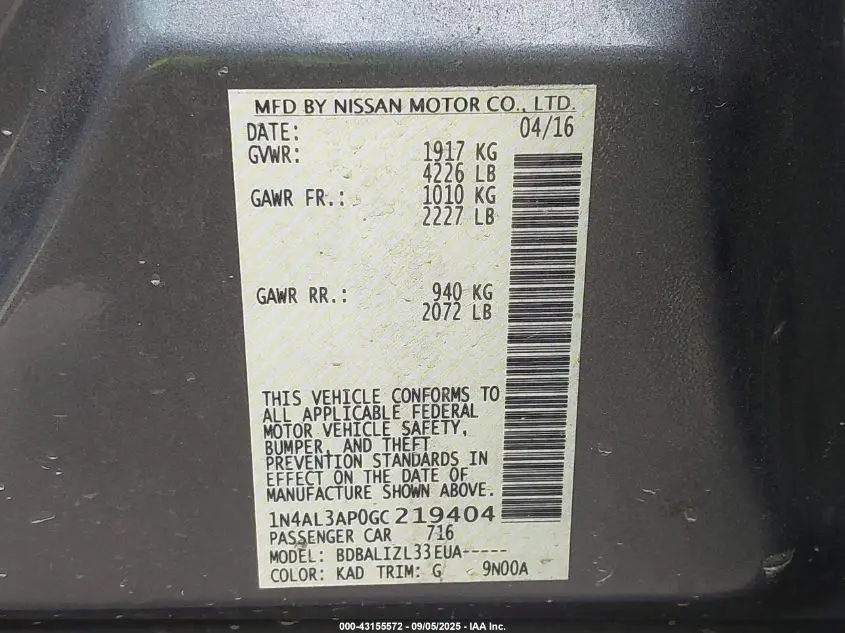 2016 NISSAN ALTIMA 2.5/2.5 S/2.5 SL/2.5 SR/2.5 SV