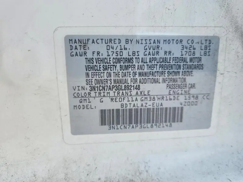 2016 NISSAN VERSA 1.6 S PLUS  