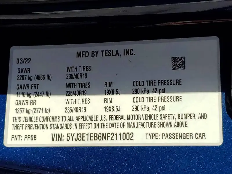 2022 TESLA MODEL 3   