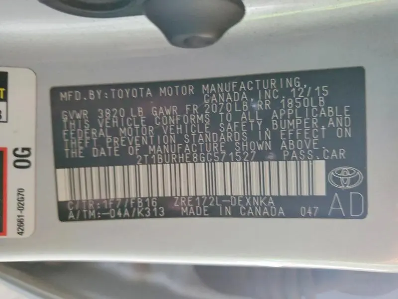 2016 TOYOTA COROLLA L  