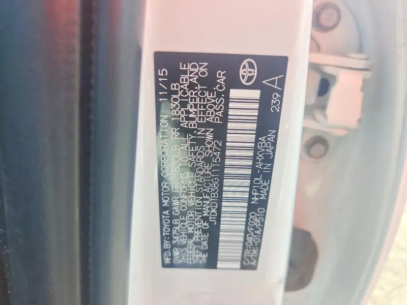 2016 TOYOTA PRIUS C TWO  
