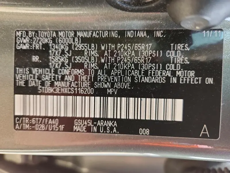 2012 TOYOTA HIGHLANDER BASE  