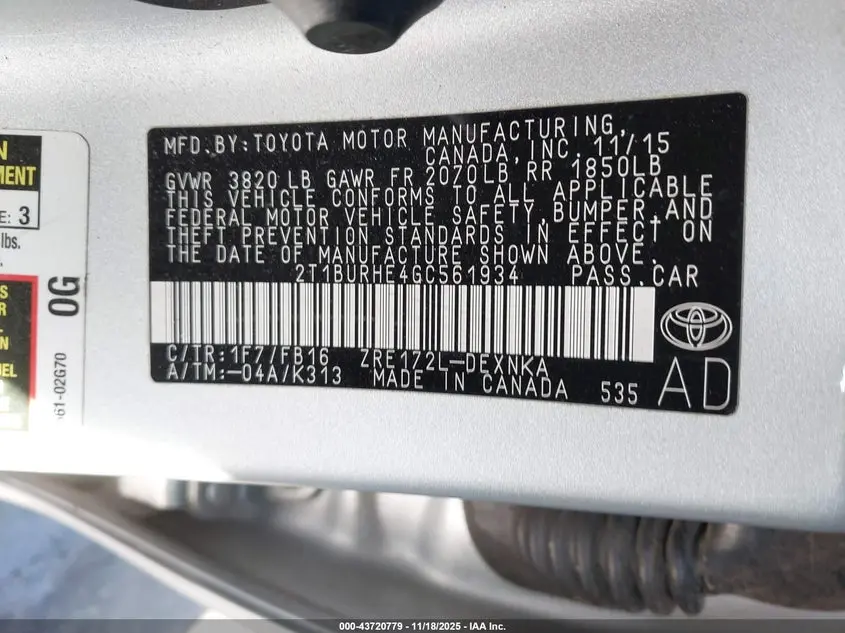 2016 TOYOTA COROLLA LE