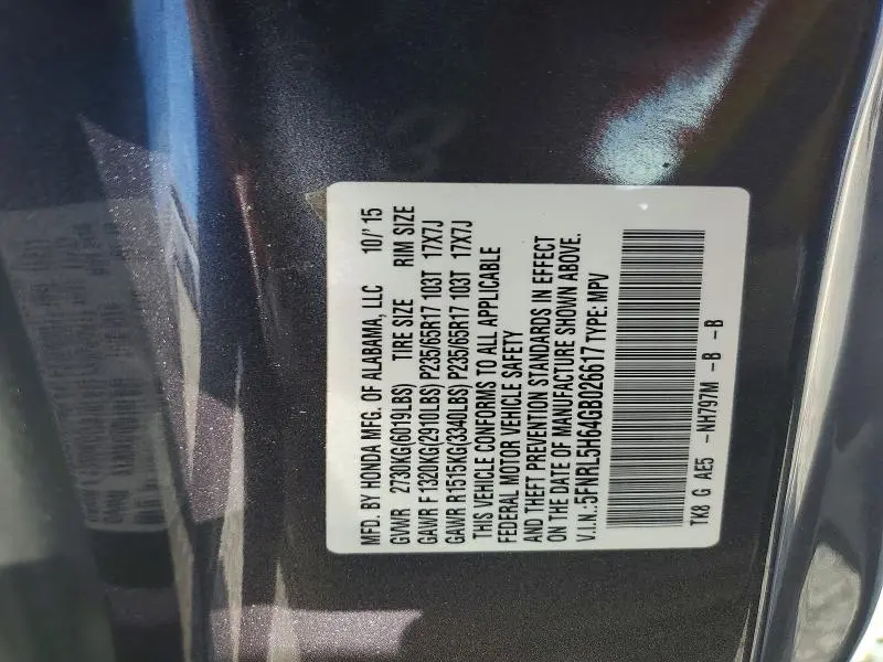 2016 HONDA ODYSSEY EXL  