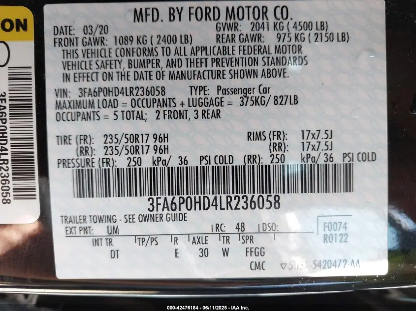2020 FORD FUSION SE