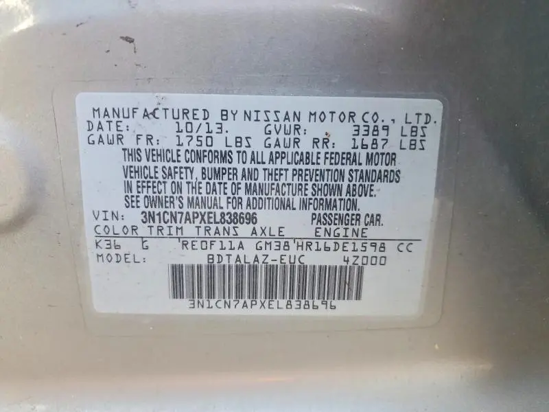 2014 NISSAN VERSA 1.6 S PLUS  