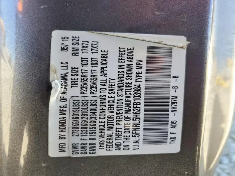2015 HONDA ODYSSEY EXL  