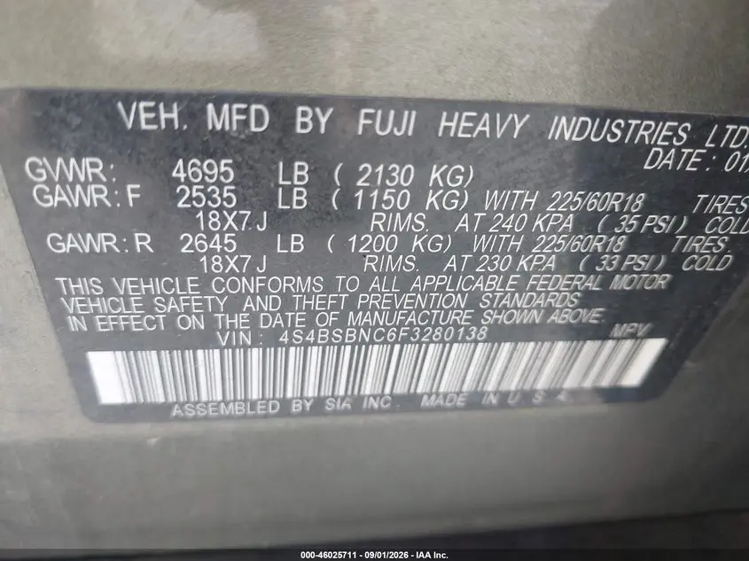 2015 SUBARU OUTBACK 2.5I LIMITED