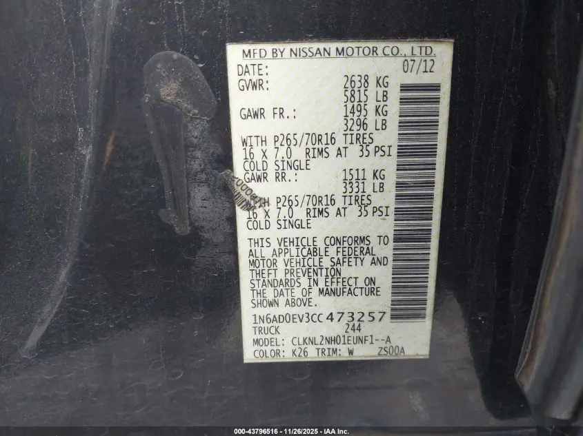 2012 NISSAN FRONTIER SV