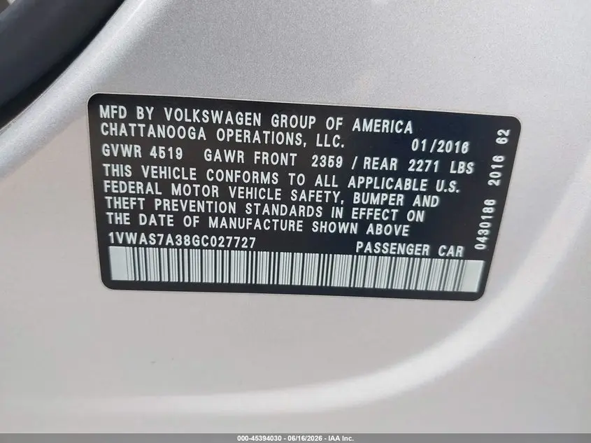 2016 VOLKSWAGEN PASSAT 1.8T S