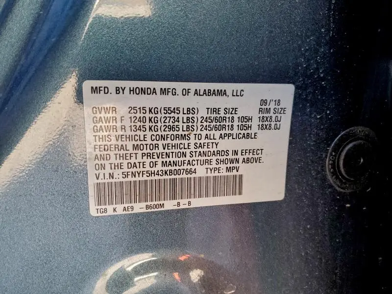 2019 HONDA PILOT EXL  