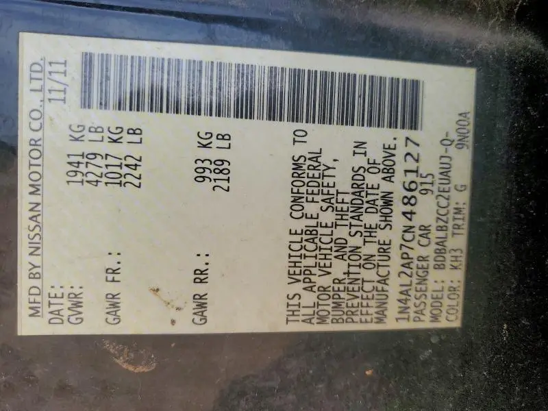 2012 NISSAN ALTIMA BASE  