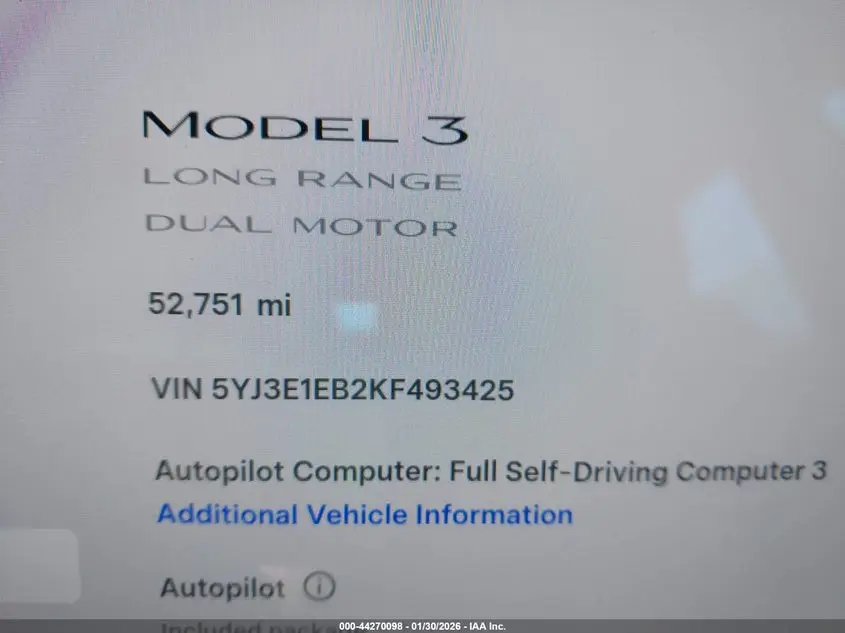 2019 TESLA MODEL 3 LONG RANGE/PERFORMANCE