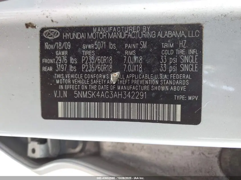 2010 HYUNDAI SANTA FE LIMITED V6