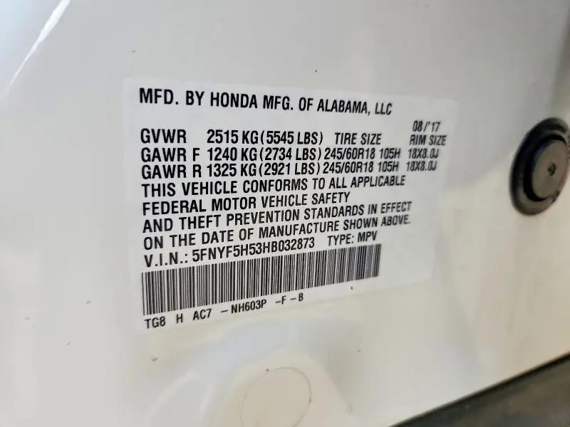 2017 HONDA PILOT EXL  