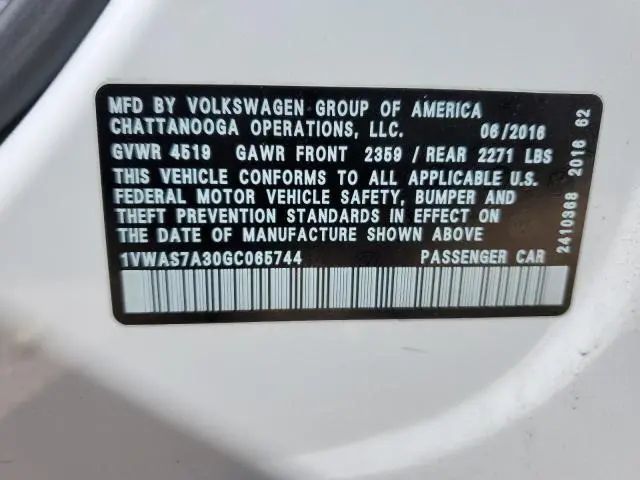 2016 VOLKSWAGEN PASSAT S  