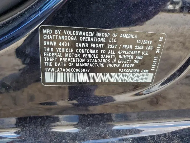 2019 VOLKSWAGEN PASSAT WOLFSBURG  