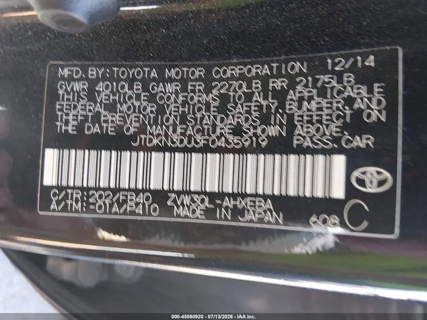 2015 TOYOTA PRIUS THREE