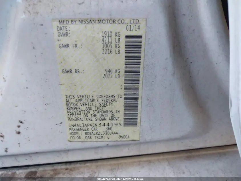 2014 NISSAN ALTIMA 2.5/2.5 S/2.5 SL/2.5 SV