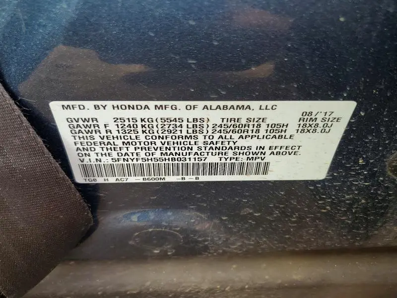 2017 HONDA PILOT EXL  