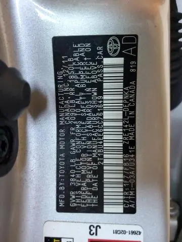 2012 TOYOTA COROLLA BASE  