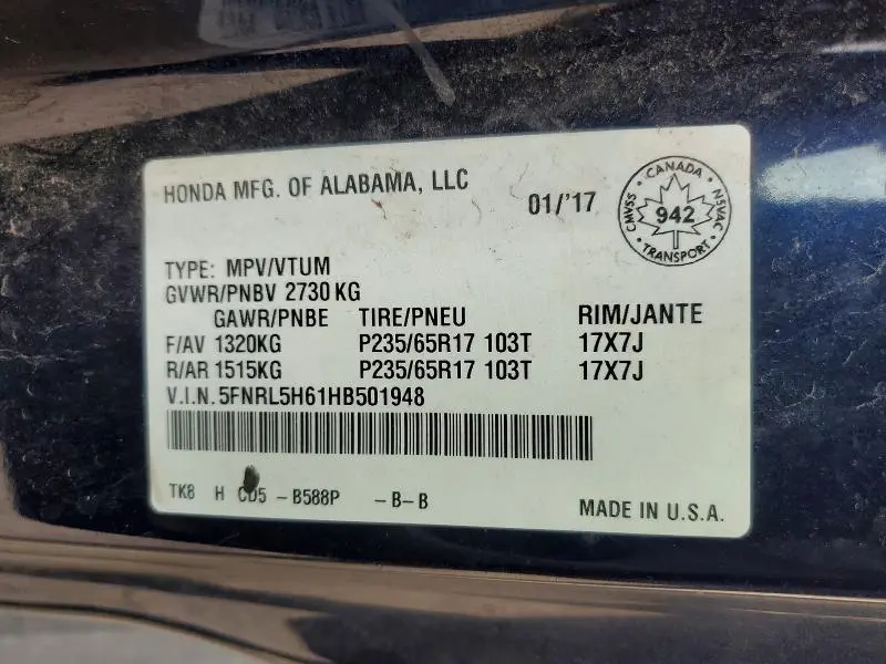 2017 HONDA ODYSSEY EXL  