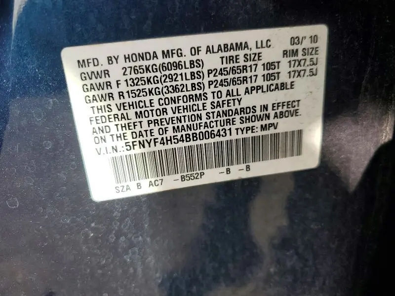 2011 HONDA PILOT EXL  