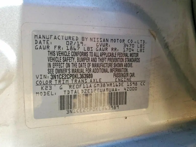 2019 NISSAN VERSA NOTE SV  