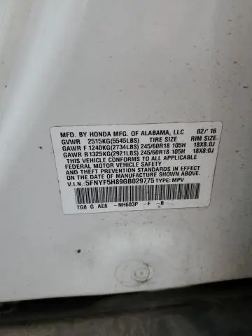 2016 HONDA PILOT EXL  