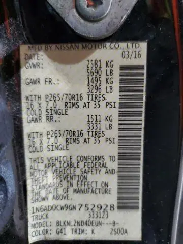 2016 NISSAN FRONTIER SV  