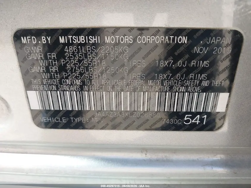 2020 MITSUBISHI OUTLANDER ES 2.4 S-AWC/LE 2.4 S-AWC/SE 2.4 S-AWC/SEL 2.4 S-AWC/SP 2.4 S-AWC