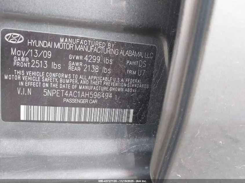 2010 HYUNDAI SONATA GLS