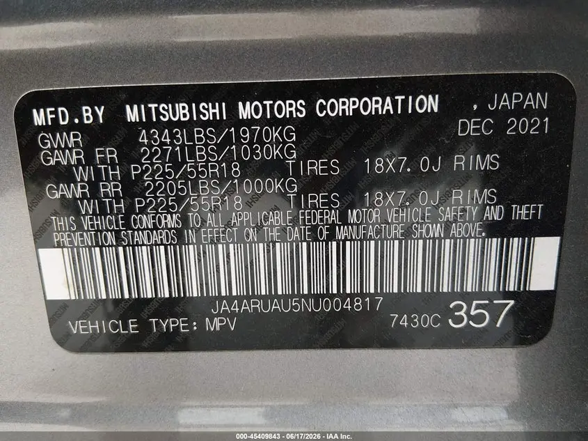 2022 MITSUBISHI OUTLANDER SPORT 2.0 BE AWC/2.0 ES AWC/2.0 LE AWC/2.0 SE AWC/2.0 SE SPECIAL EDITION AWC