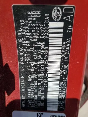 2012 TOYOTA COROLLA BASE  