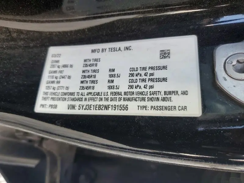 2022 TESLA MODEL 3   