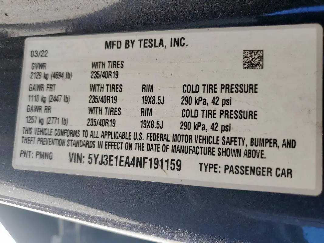 2022 TESLA MODEL 3   