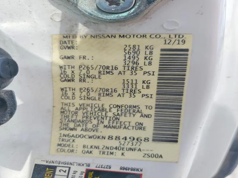 2019 NISSAN FRONTIER SV V6  