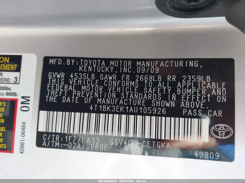 2010 TOYOTA CAMRY XLE V6