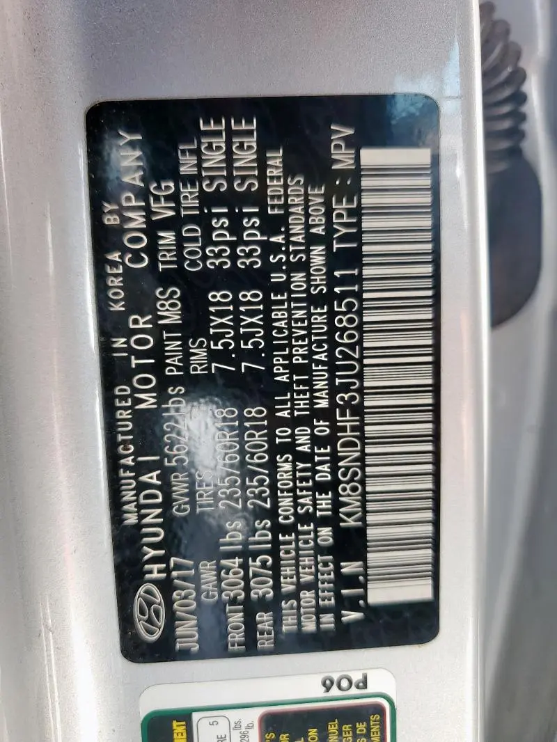 2018 HYUNDAI SANTA FE SE  