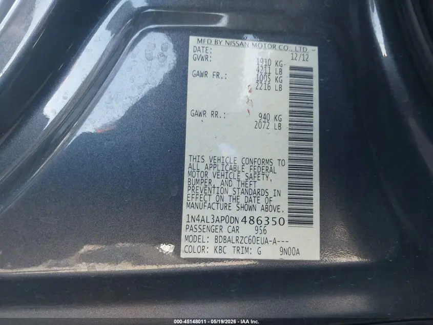 2013 NISSAN ALTIMA 2.5 S