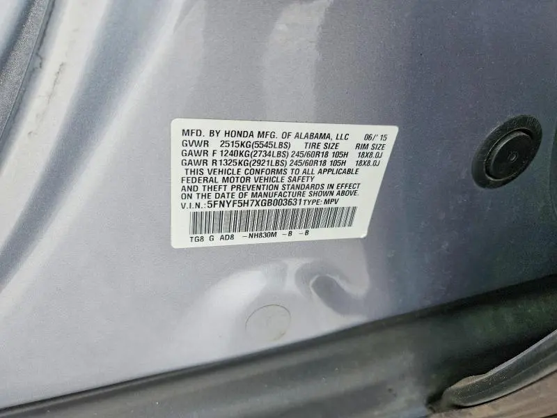 2016 HONDA PILOT EXLN  