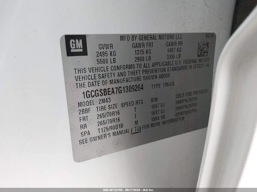 2016 CHEVROLET COLORADO WT