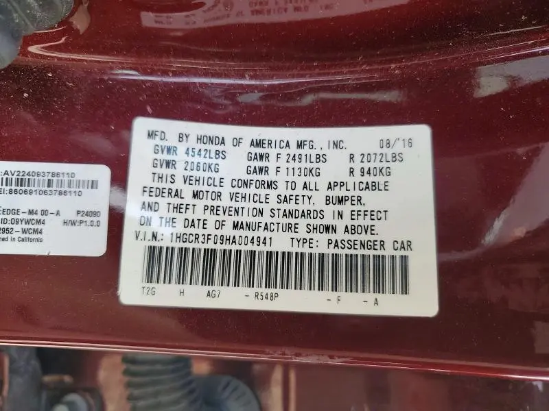 2017 HONDA ACCORD EXL  