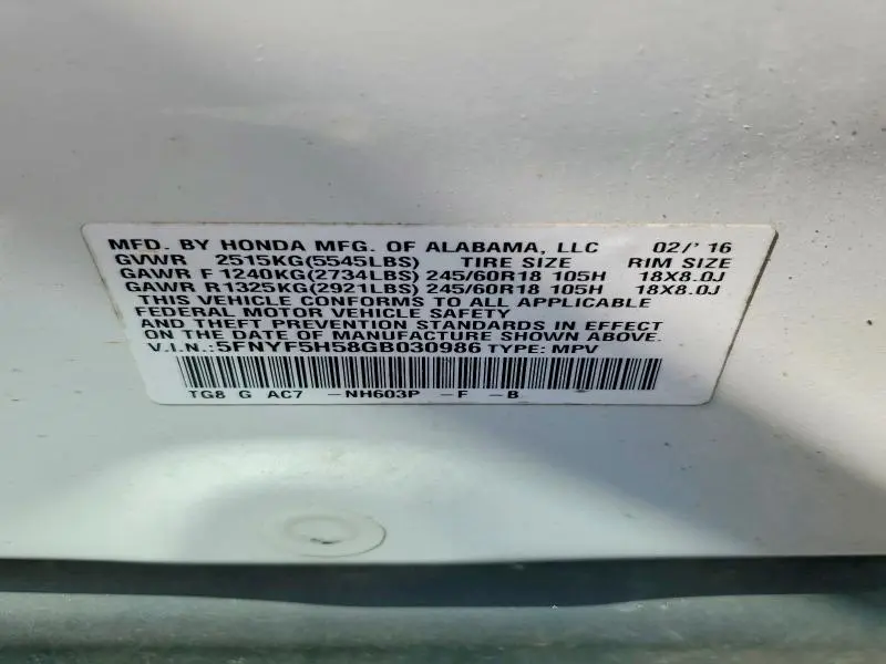 2016 HONDA PILOT EXL  