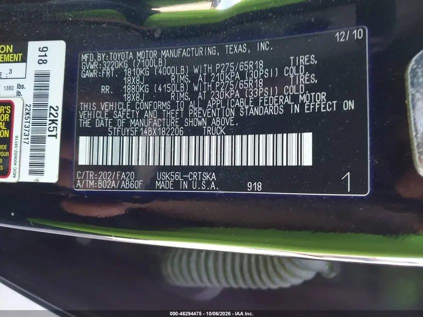 2011 TOYOTA TUNDRA GRADE 5.7L V8