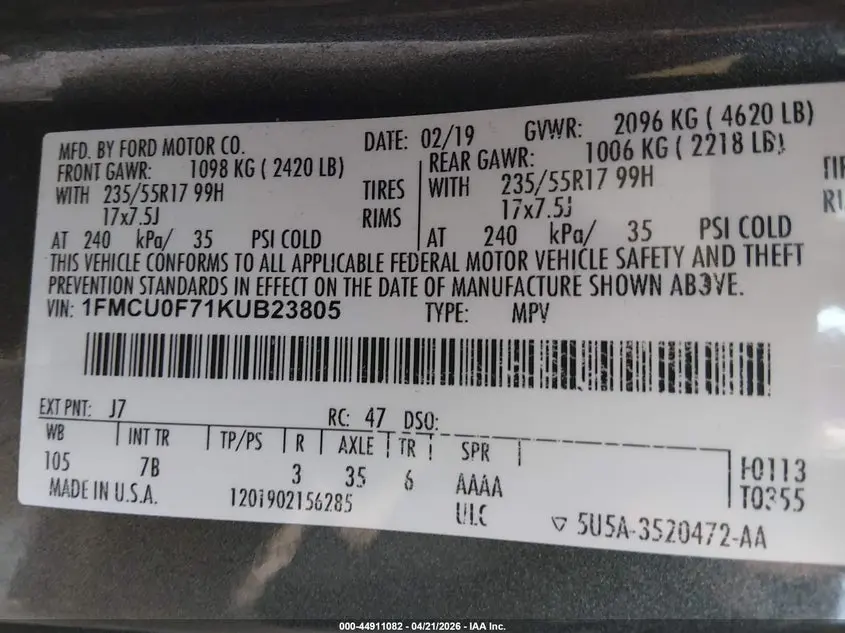 2019 FORD ESCAPE S