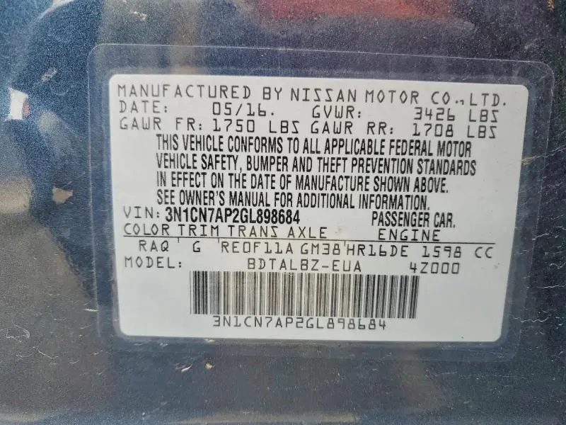2016 NISSAN VERSA 1.6 SV  