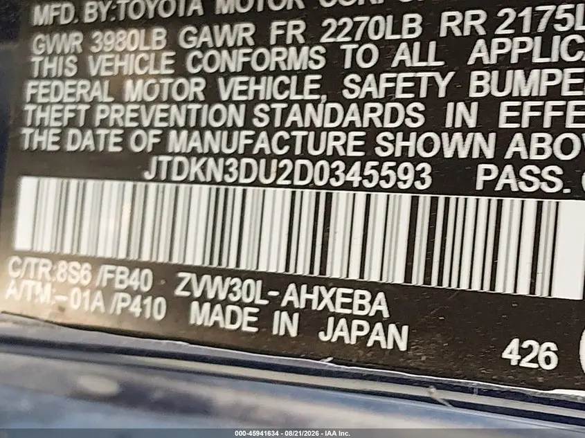 2013 TOYOTA PRIUS TWO